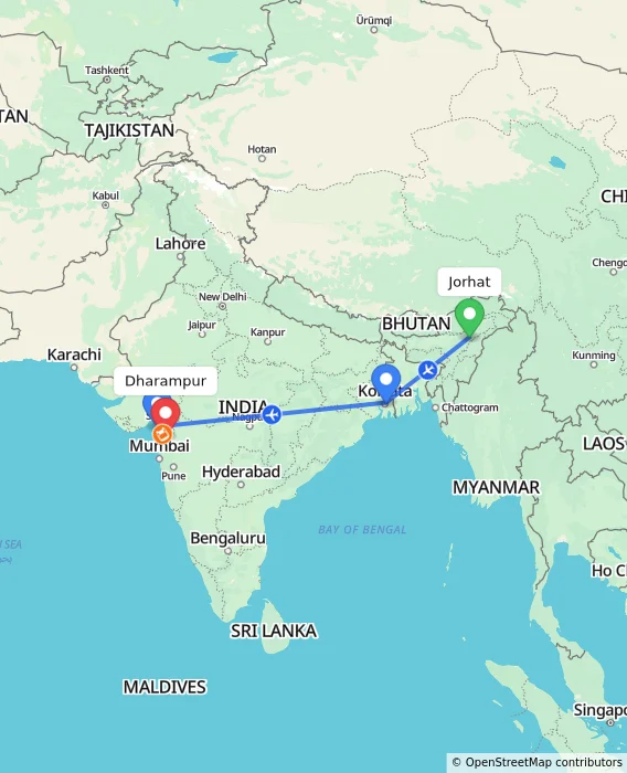 Route map showing distance and travel time from Jorhat, India to Dharampur, India