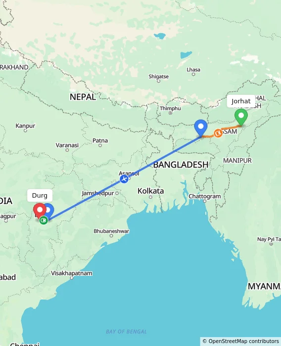 Route map showing distance and travel time from Jorhat, India to Durg, India