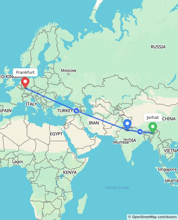 Route map showing distance and travel time from Jorhat, India to Frankfurt, Germany