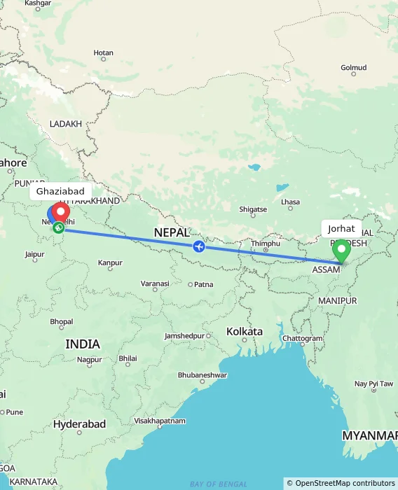 Route map showing distance and travel time from Jorhat, India to Ghaziabad, India