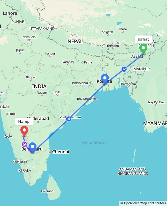 Route map showing distance and travel time from Jorhat, India to Hampi, India