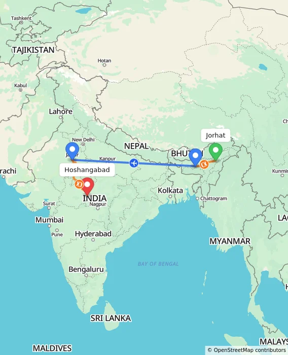 Route map showing distance and travel time from Jorhat, India to Hoshangabad, India
