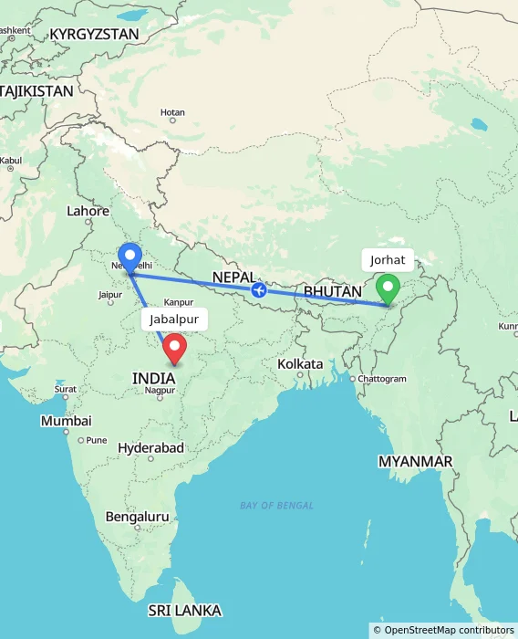 Route map showing distance and travel time from Jorhat, India to Jabalpur, India