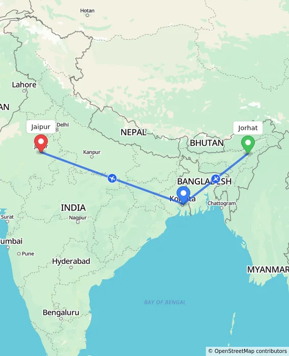 Route map showing distance and travel time from Jorhat, India to Jaipur, India