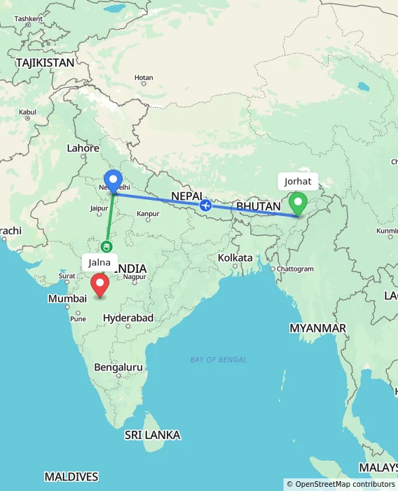 Route map showing distance and travel time from Jorhat, India to Jalna, India