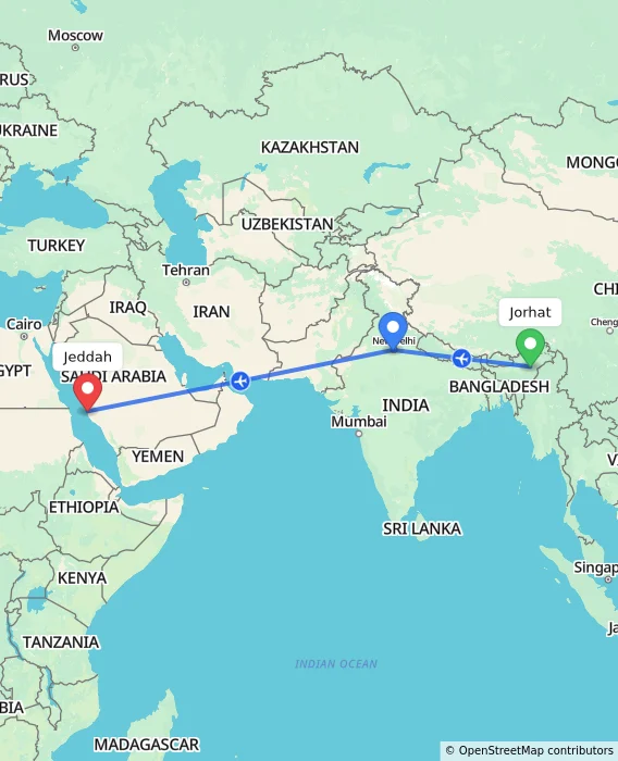 Route map showing distance and travel time from Jorhat, India to Jeddah, Saudi Arabia