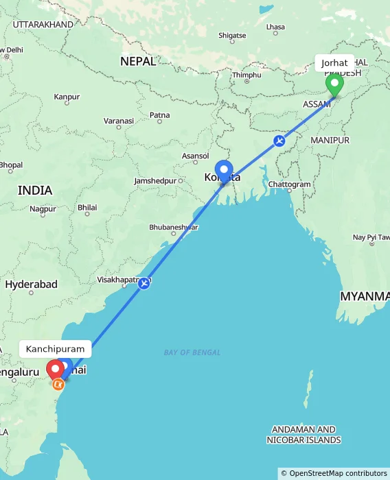 Route map showing distance and travel time from Jorhat, India to Kanchipuram, India