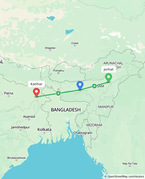 Route map showing distance and travel time from Jorhat, India to Katihar, India