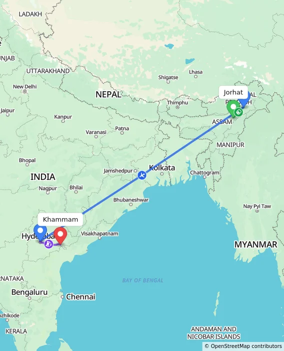 Route map showing distance and travel time from Jorhat, India to Khammam, India