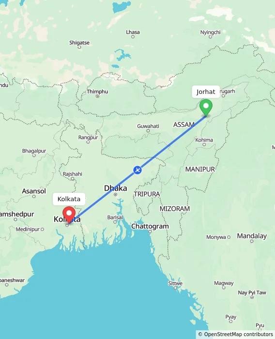 Route map showing distance and travel time from Jorhat, India to Kolkata, India
