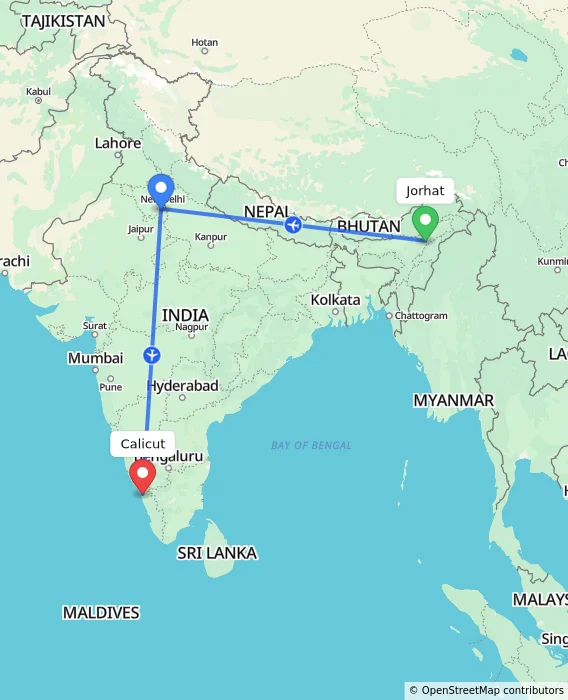 Route map showing distance and travel time from Jorhat, India to Kozhikode, India