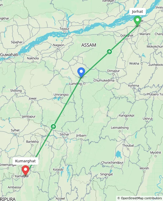 Route map showing distance and travel time from Jorhat, India to Kumarghat, India