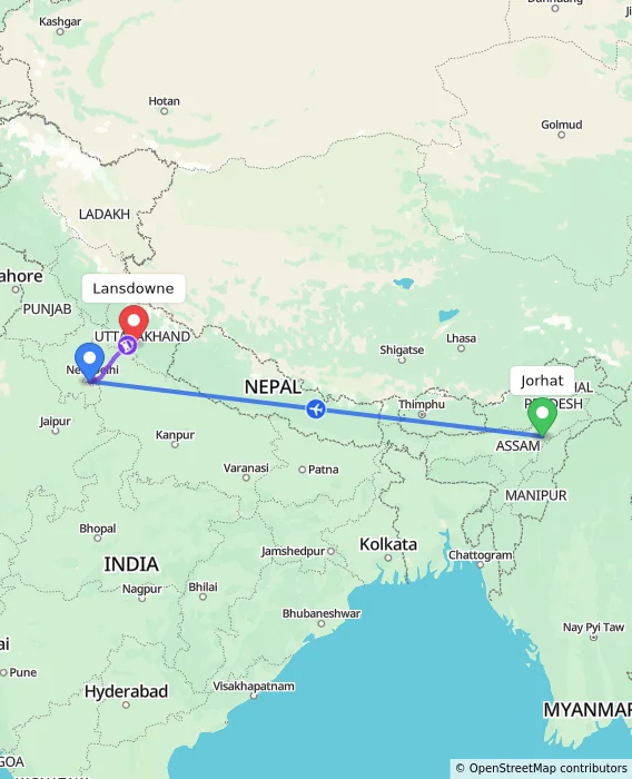 Route map showing distance and travel time from Jorhat, India to Lansdowne, India