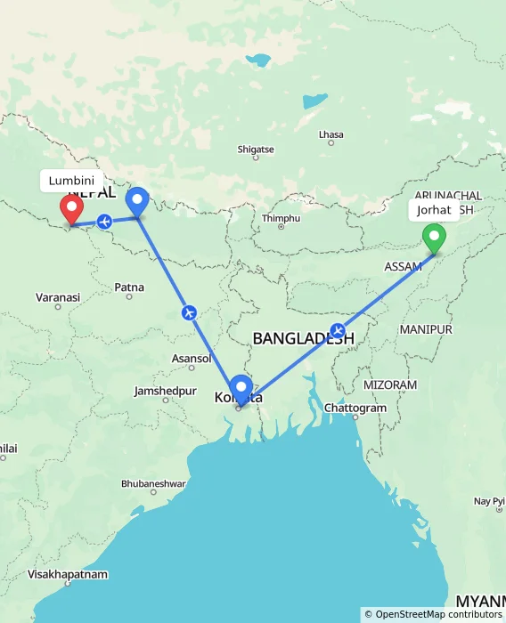 Route map showing distance and travel time from Jorhat, India to Lumbini, Nepal