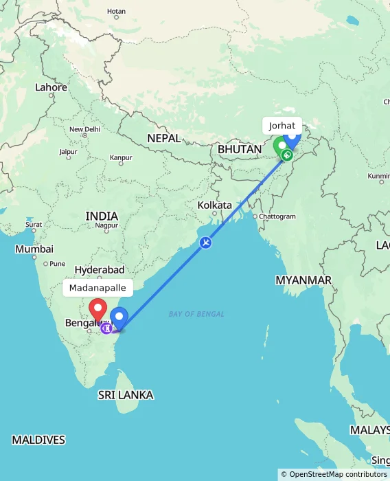 Route map showing distance and travel time from Jorhat, India to Madanapalle, India