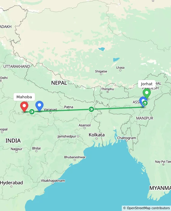 Route map showing distance and travel time from Jorhat, India to Mahoba, India