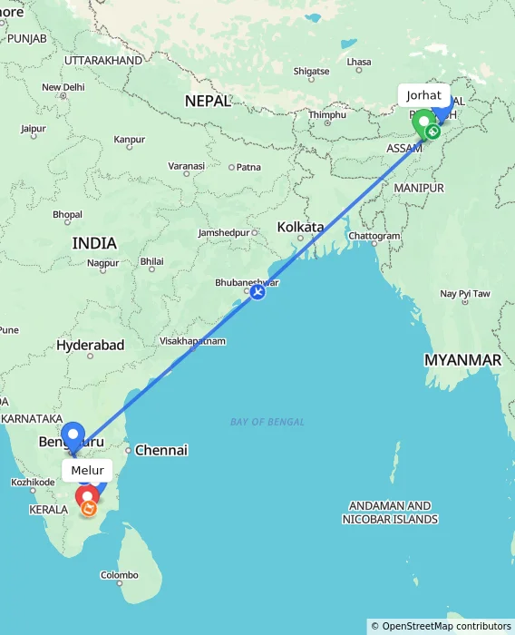Route map showing distance and travel time from Jorhat, India to Melur, India