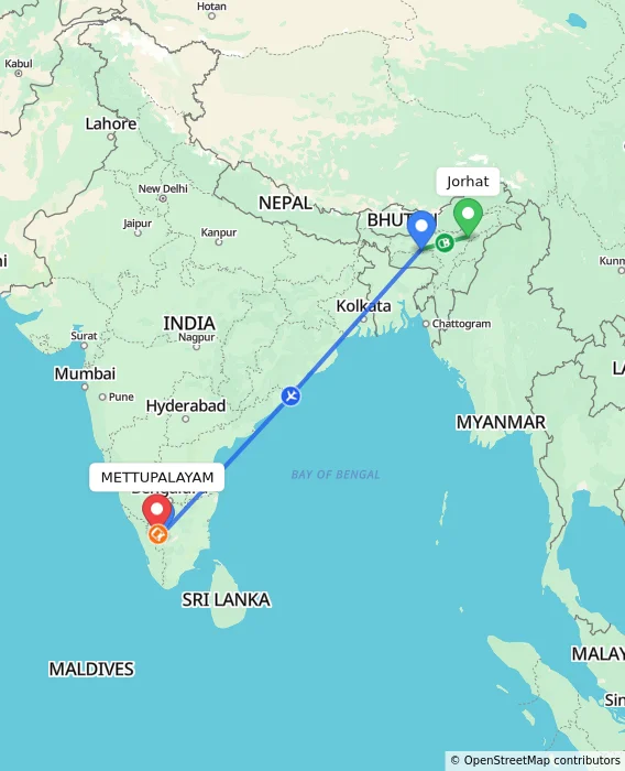 Route map showing distance and travel time from Jorhat, India to METTUPALAYAM, India
