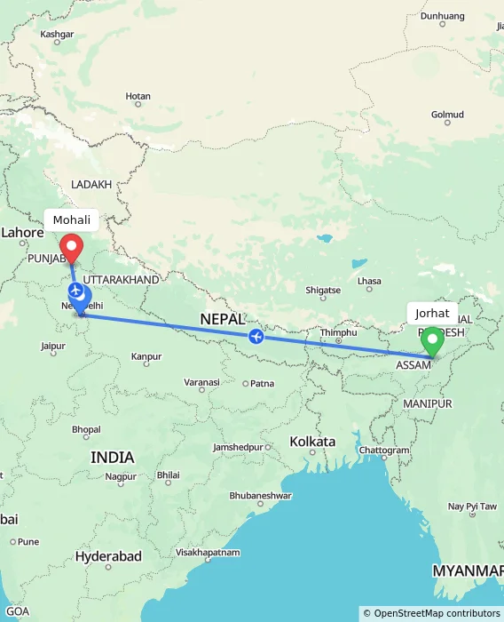 Route map showing distance and travel time from Jorhat, India to Mohali, India