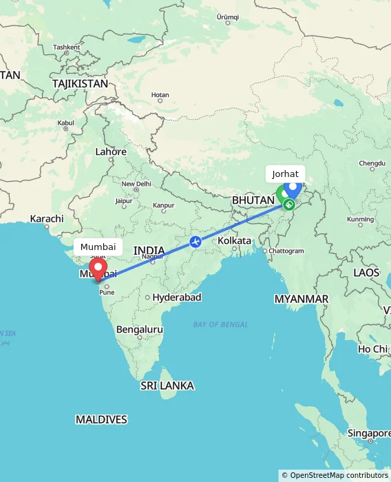 Route map showing distance and travel time from Jorhat, India to Mumbai, India