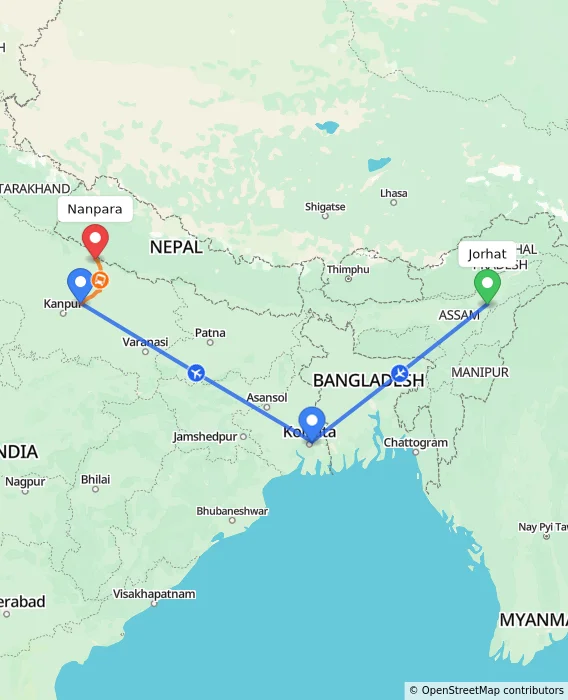 Route map showing distance and travel time from Jorhat, India to Nanpara, India