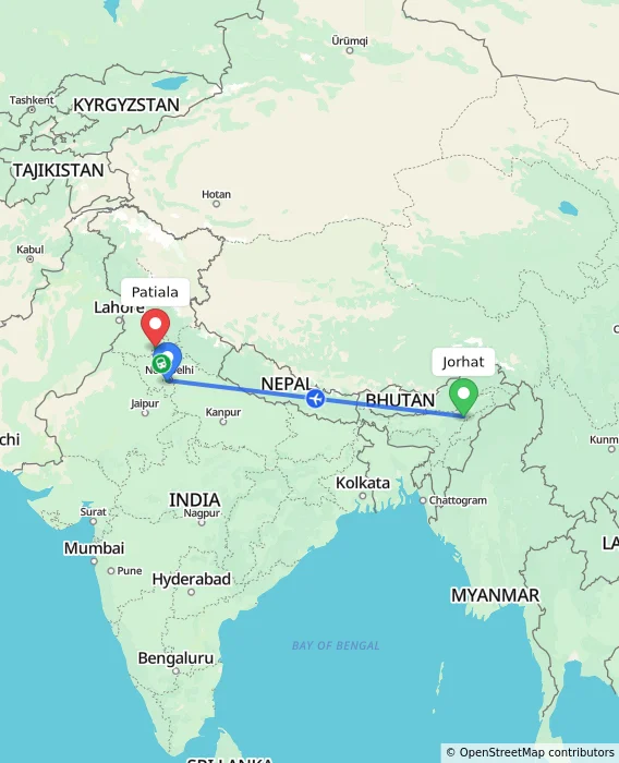 Route map showing distance and travel time from Jorhat, India to Patiala, India