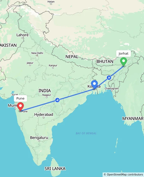 Route map showing distance and travel time from Jorhat, India to Pune, India