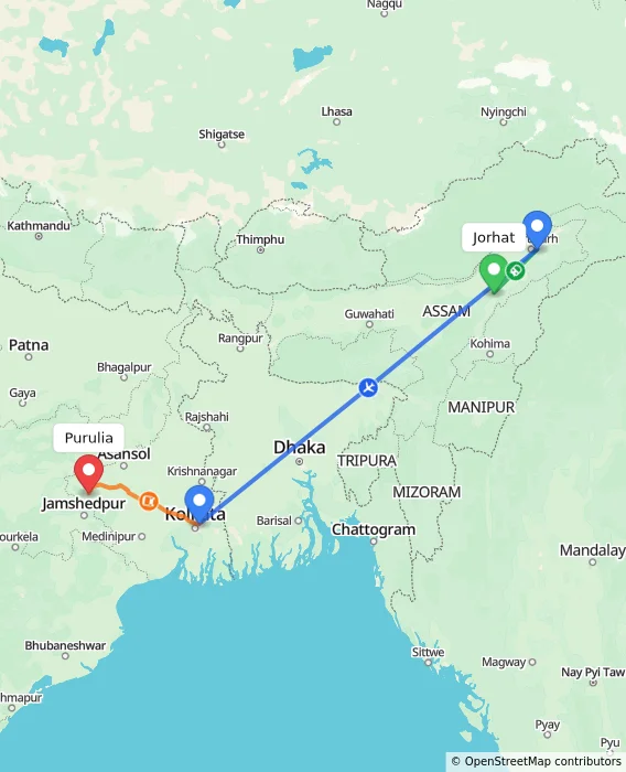 Route map showing distance and travel time from Jorhat, India to Purulia, India