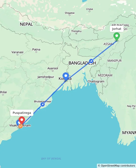 Route map showing distance and travel time from Jorhat, India to Puspatirega, India