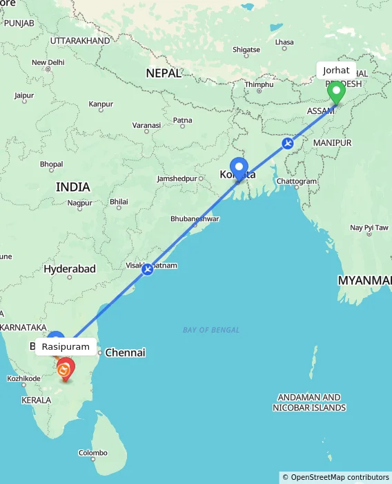 Route map showing distance and travel time from Jorhat, India to Rasipuram, India