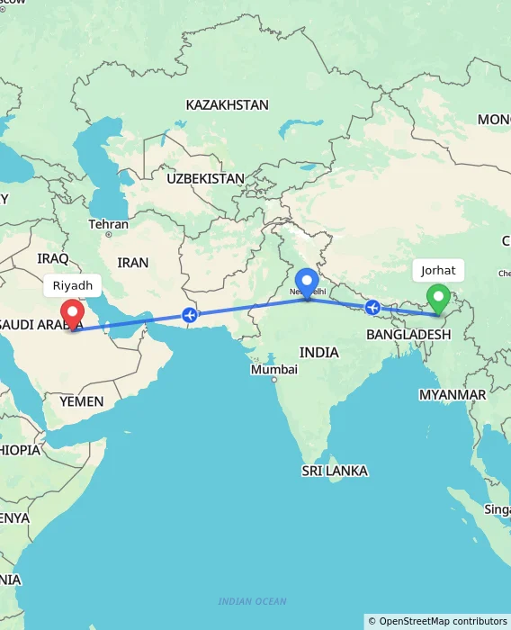 Route map showing distance and travel time from Jorhat, India to Riyadh, Saudi Arabia