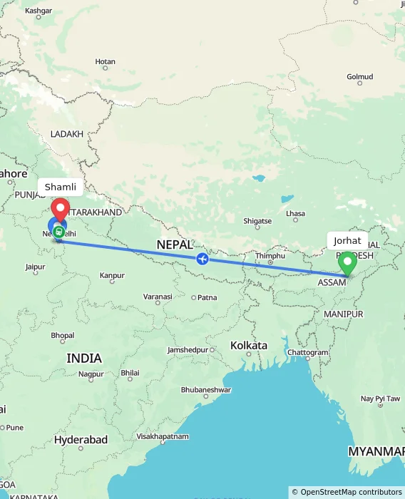 Route map showing distance and travel time from Jorhat, India to Shamli, India