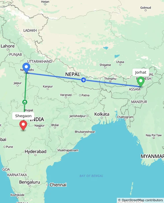 Route map showing distance and travel time from Jorhat, India to Shegaon, India