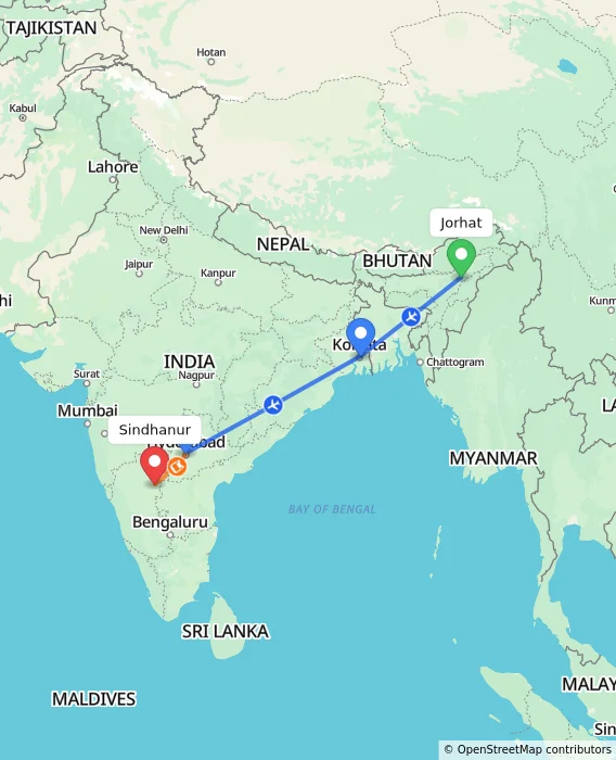 Route map showing distance and travel time from Jorhat, India to Sindhanur, India