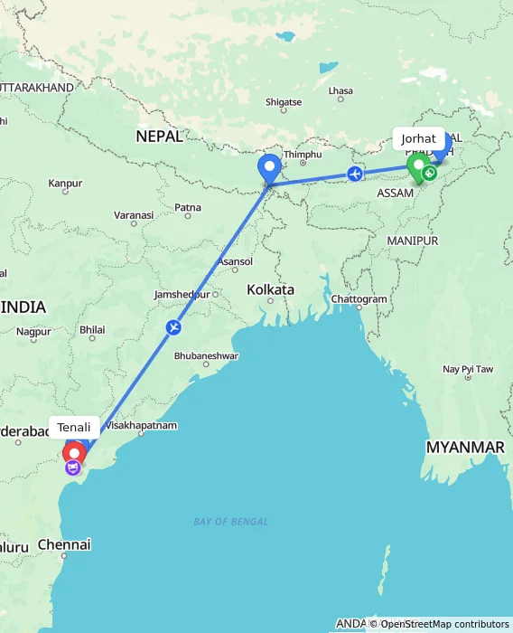 Route map showing distance and travel time from Jorhat, India to Tenali, India