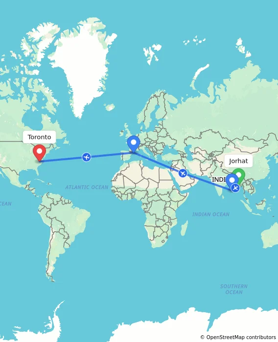 Route map showing distance and travel time from Jorhat, India to Toronto, Canada