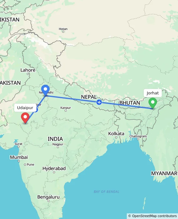 Route map showing distance and travel time from Jorhat, India to Udaipur, India