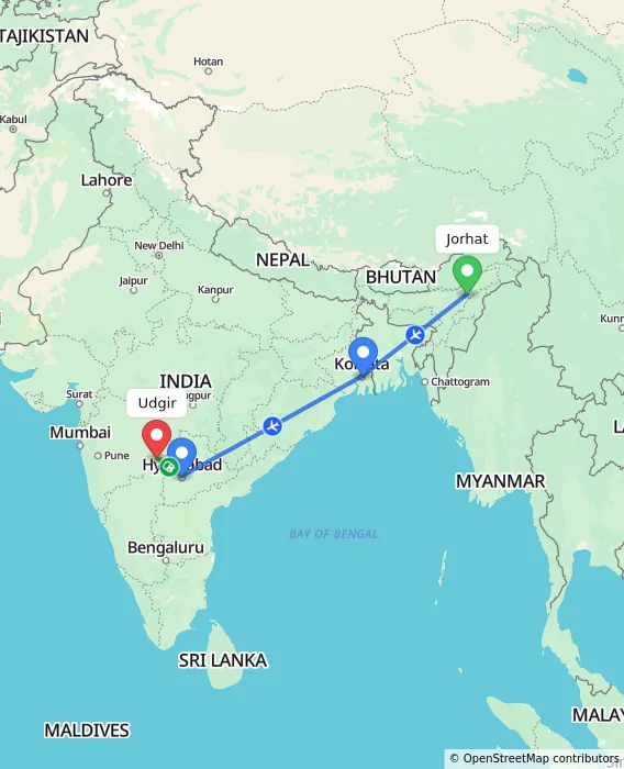 Route map showing distance and travel time from Jorhat, India to Udgir, India