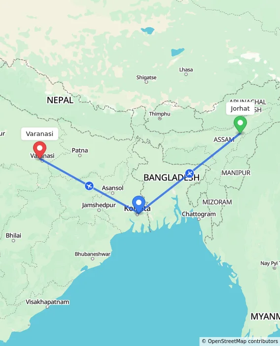 Route map showing distance and travel time from Jorhat, India to Varanasi, India