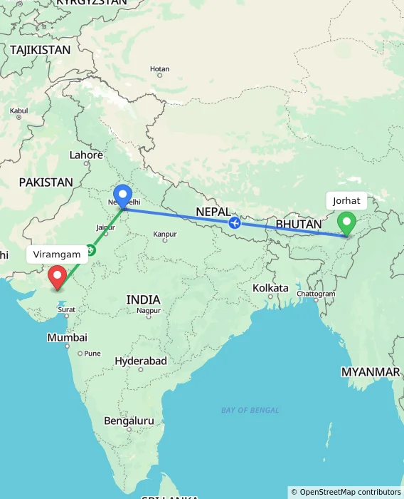 Route map showing distance and travel time from Jorhat, India to Viramgam, India