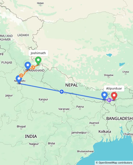 Route map showing distance and travel time from Joshimath, India to Alipurduar, India