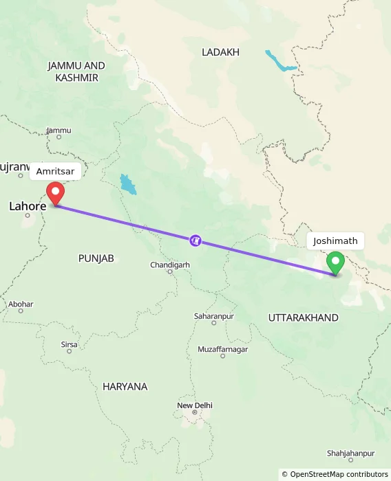 Route map showing distance and travel time from Joshimath, India to Amritsar, India