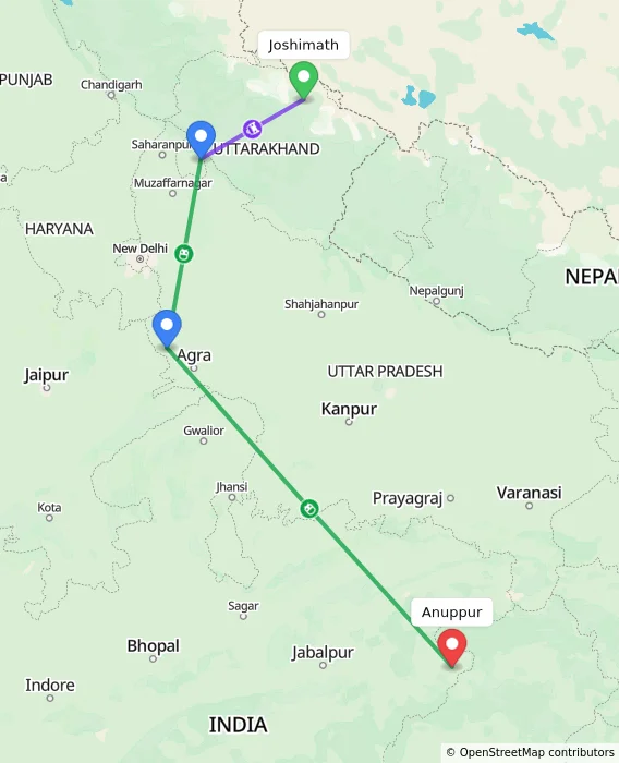 Route map showing distance and travel time from Joshimath, India to Anuppur, India