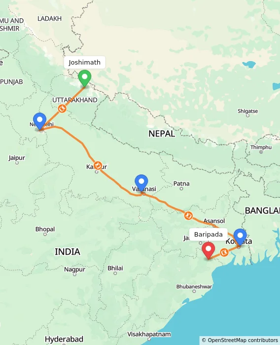 Route map showing distance and travel time from Joshimath, India to Baripada, India
