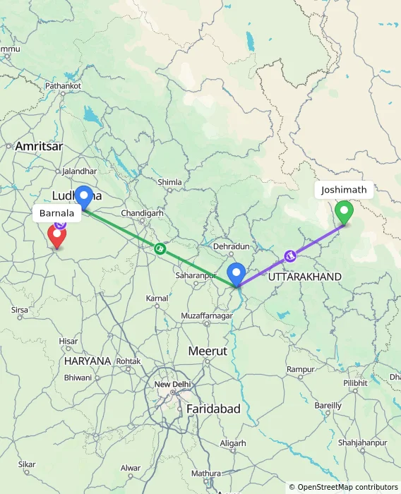 Route map showing distance and travel time from Joshimath, India to Barnala, India