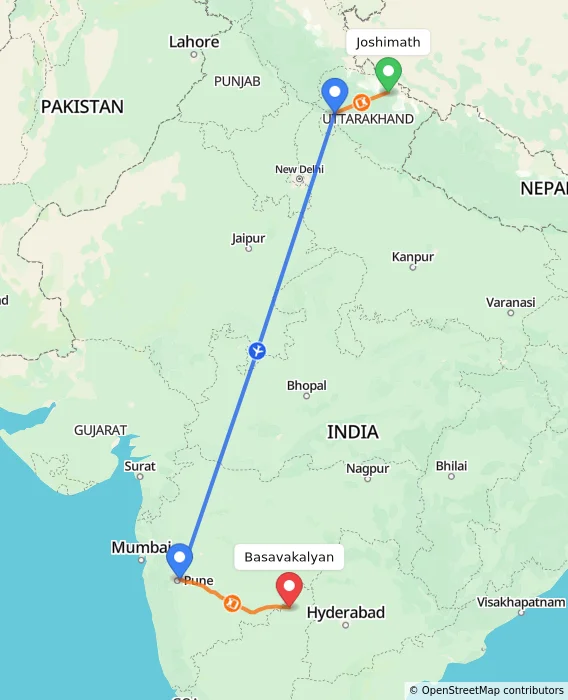 Route map showing distance and travel time from Joshimath, India to Basavakalyan, India