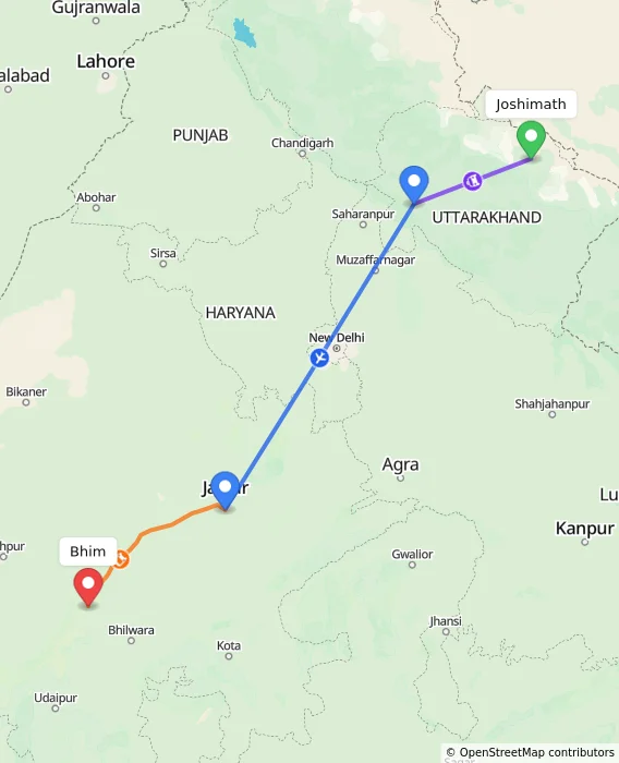 Route map showing distance and travel time from Joshimath, India to Bhim, India