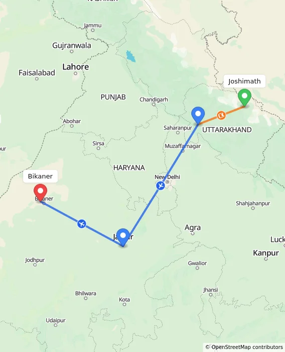 Route map showing distance and travel time from Joshimath, India to Bikaner, India