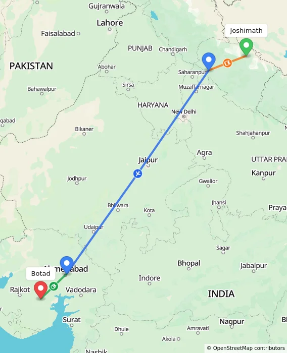 Route map showing distance and travel time from Joshimath, India to Botad, India