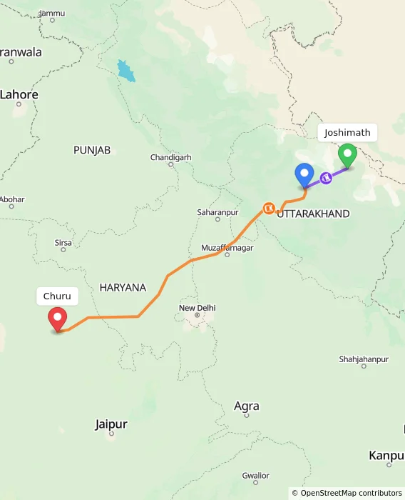 Route map showing distance and travel time from Joshimath, India to Churu, India